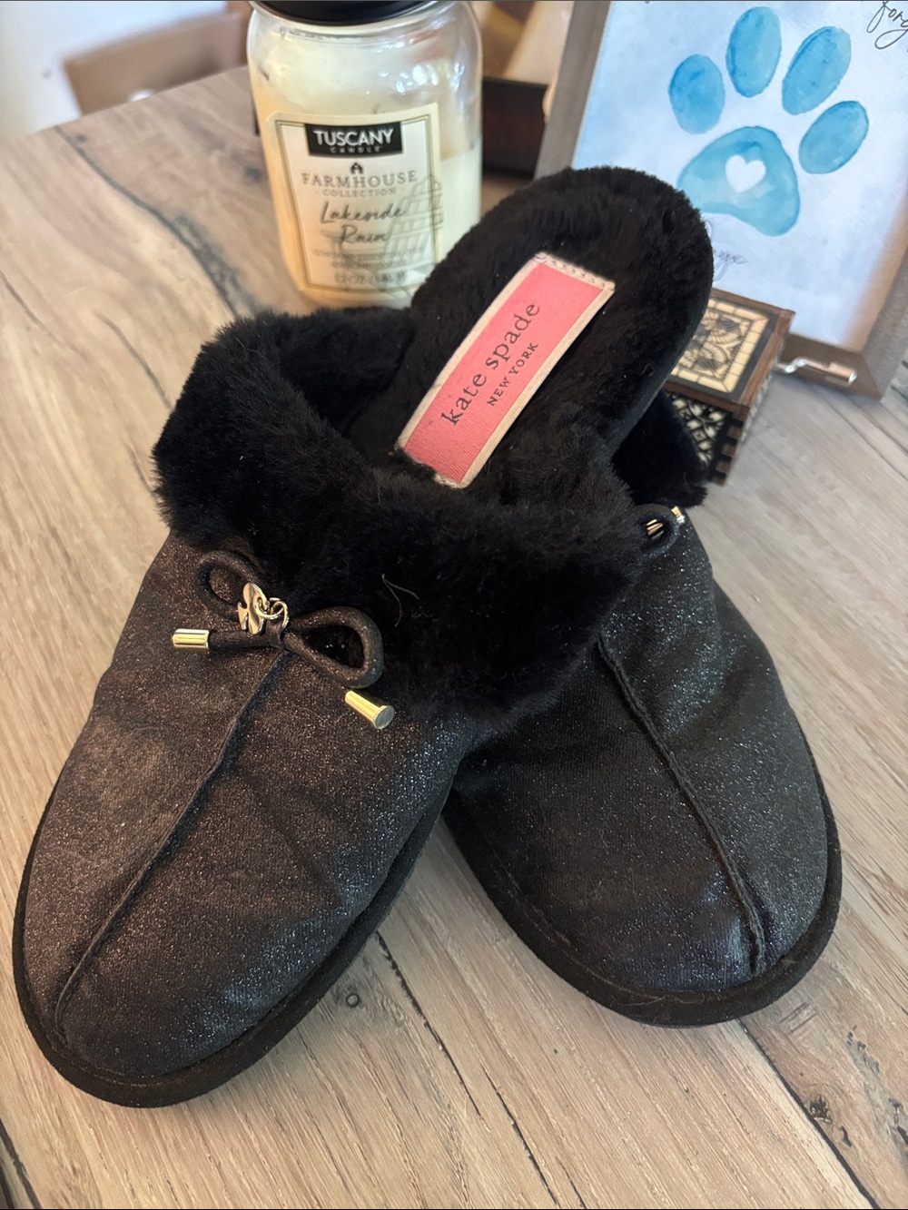 kate spade Black Sparkle Faux-Fur Slip-On Slippers
